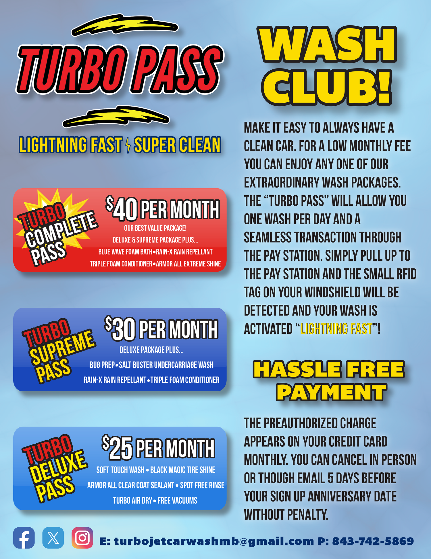 Turbo Pass Wash Club information including monthly plans, RFID access, recurring payment, and cancellation details